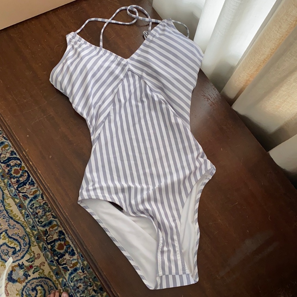 Striped One-Piece Swimsuit in White and Light Gray